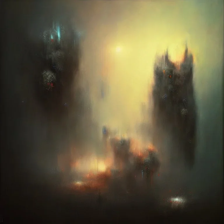 photographic camera in abstract style. fog and smoke in atmosphere. bokeh, lens flare. Dark mood. Dripping paint. oil on canvas, high detailed. beksinski