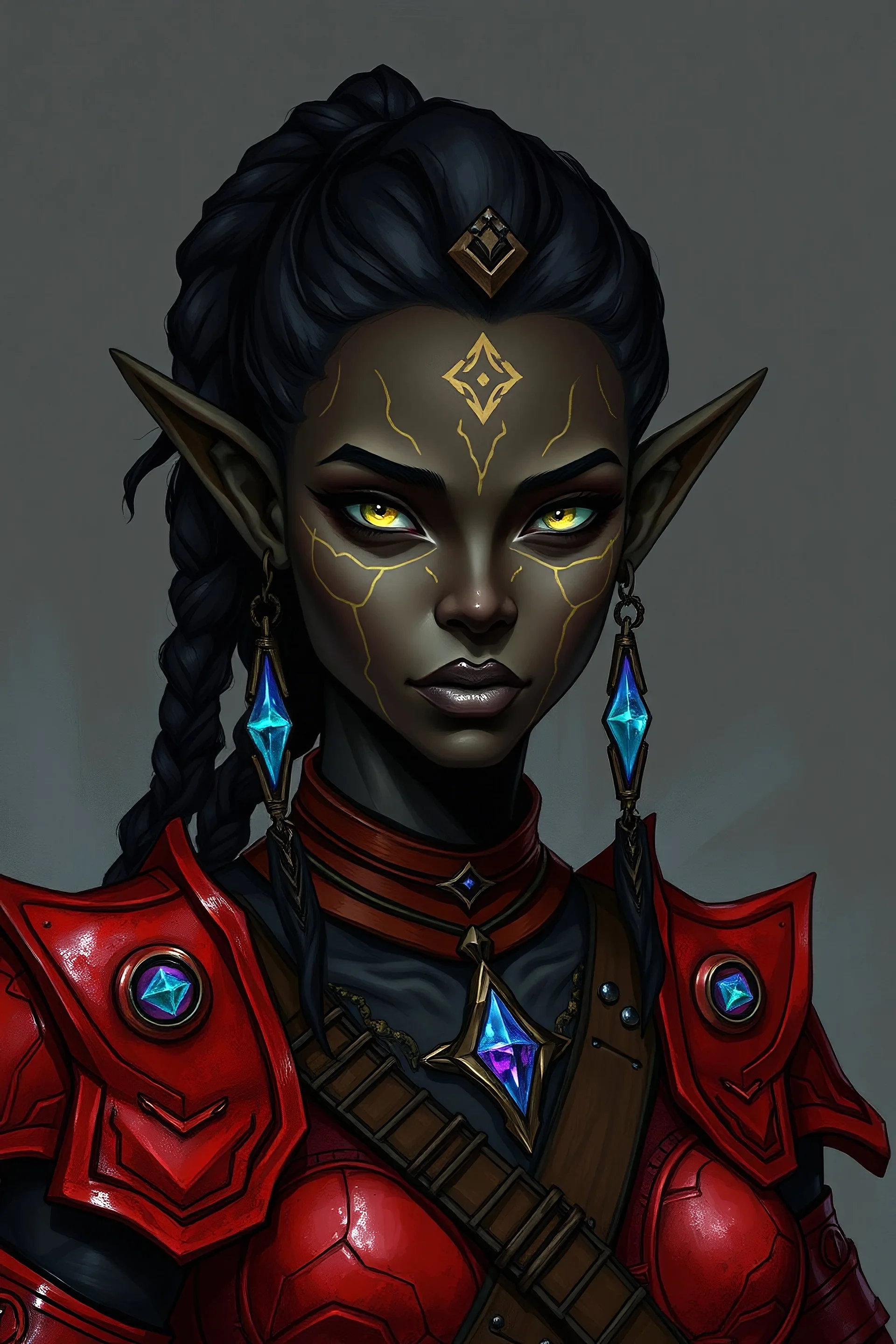 Generate, in Hand-drawn Art, a female D&D earth genasi warrior. She should have dark, coal-black skin with bright, gem-dust-like sheens and round ears. She should have lines running down her skin like cracks, showing gem-like veins and a faint glow. Her hair should look like it was carved from crystal. She should be around 40 years old and fully clad in red heavy armor.