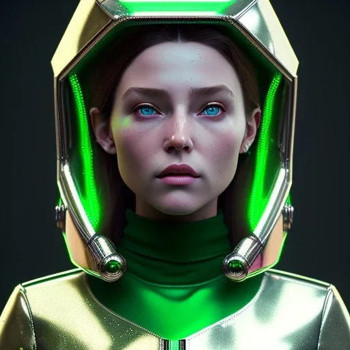 Pretty irish woman, rounded face, green, silver, hoodie, feathers, retro, latex, leather, soft color, highly detailed, art stations, concept art, smooth, unreal engine 5, god rays, ray tracing, RTX, lumen lighting, ultra detail, volumetric lighting, 3d, finely drawn, high definition, high resolution, neon background.