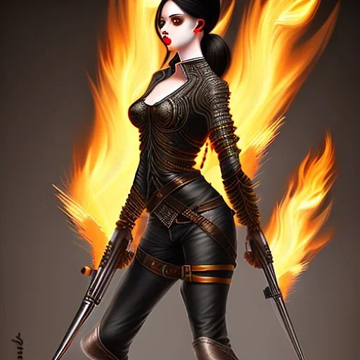 black hair lady hunter short top with fire