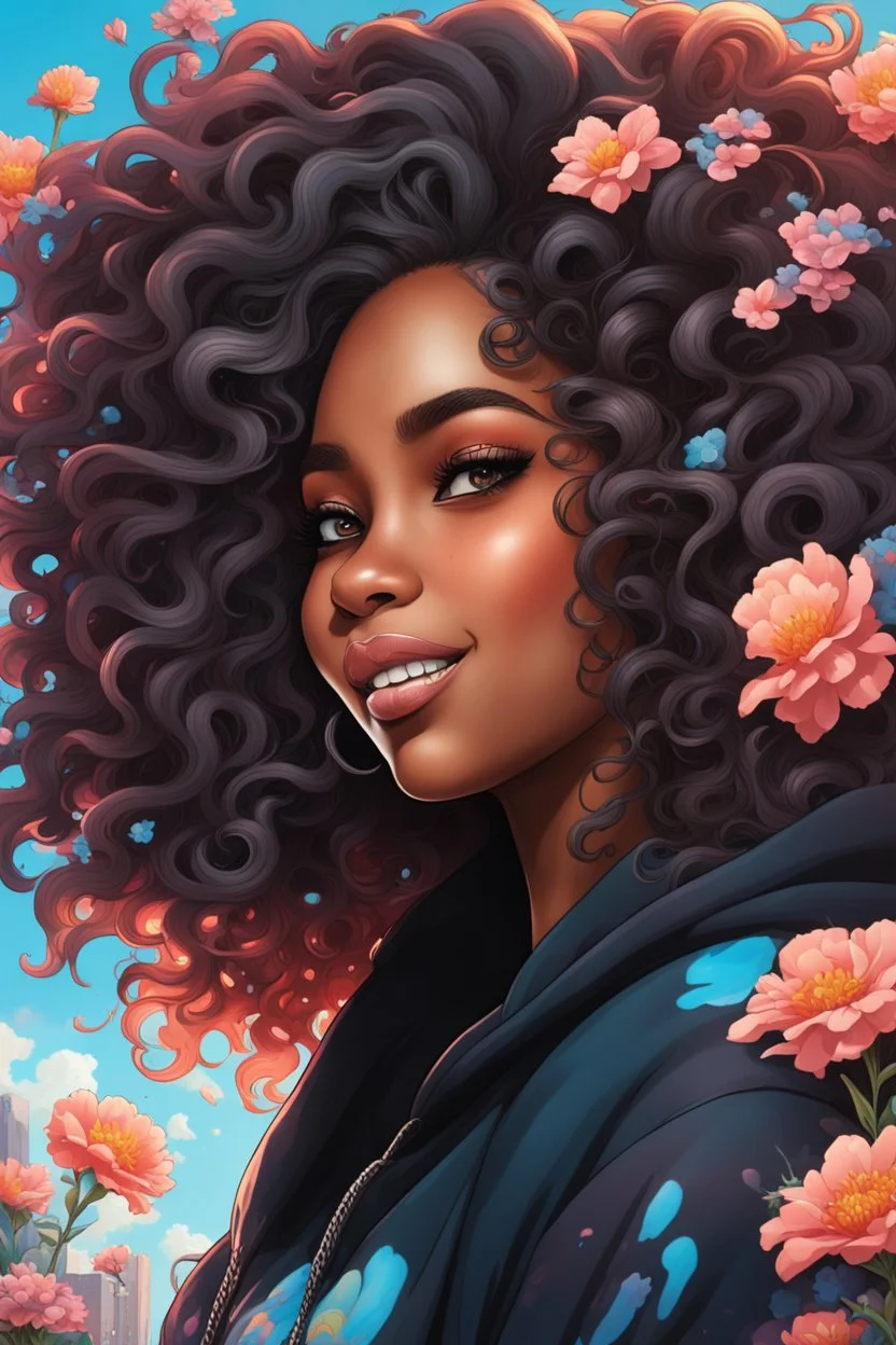 vibrant psychedelic urban culture image, airbrush, 48k, cartoon art image of a black curvy female looking to the side smiling with a large mane of curly ombre hair flowing through the wind while she has a black hoodie on, prominent makeup with hazel eyes, highly detailed hair, background peach and light blue flowers surrounding her, dystopian