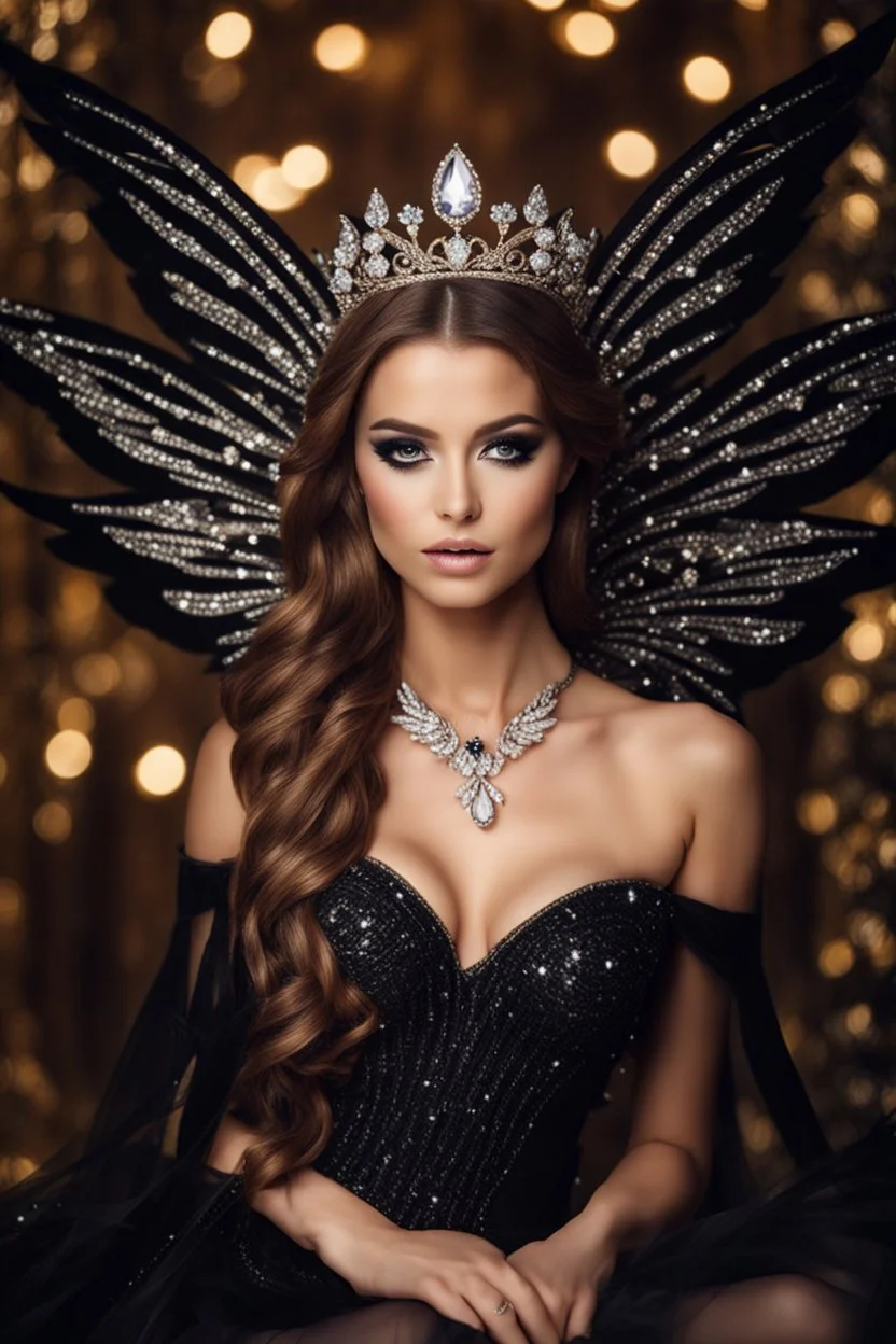 Gorgeous Real Photography Beautiful Super Model European woman dressing luxury Beautiful Lady Fairy with black wings,diamonds jewelry,wonderland background