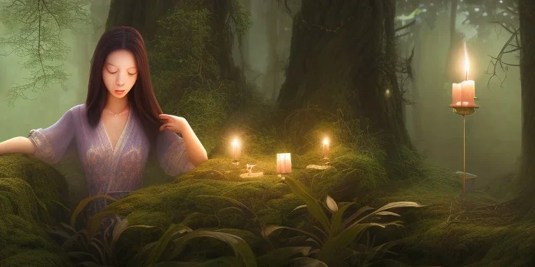 detailed beautiful asian lady meditating at night with candles in an enchanted forest, fotorealistic, high quality, landscape, 17, chalice well