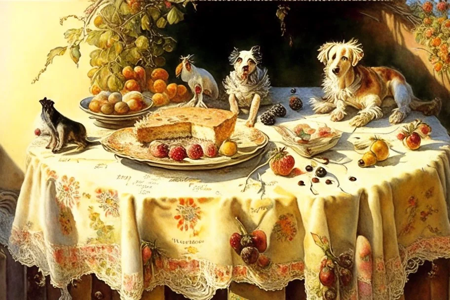 Cake with fruits on a lace tablecloth on a kitchen table, oil on canvas, watercolor and ink, dogs, Jean Baptiste Monge, Jacek Yerka in sunshine