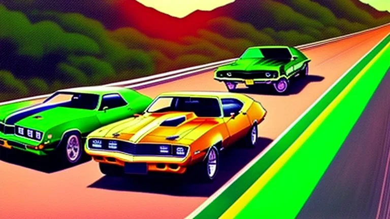 Vogelperspektive frontal nah von limettengrünem 1970er Plymouth AAR ´Cuda und orangem 1980er Chevrolet Camaro Z28 auf nächtlicher Autobahn beim überholen