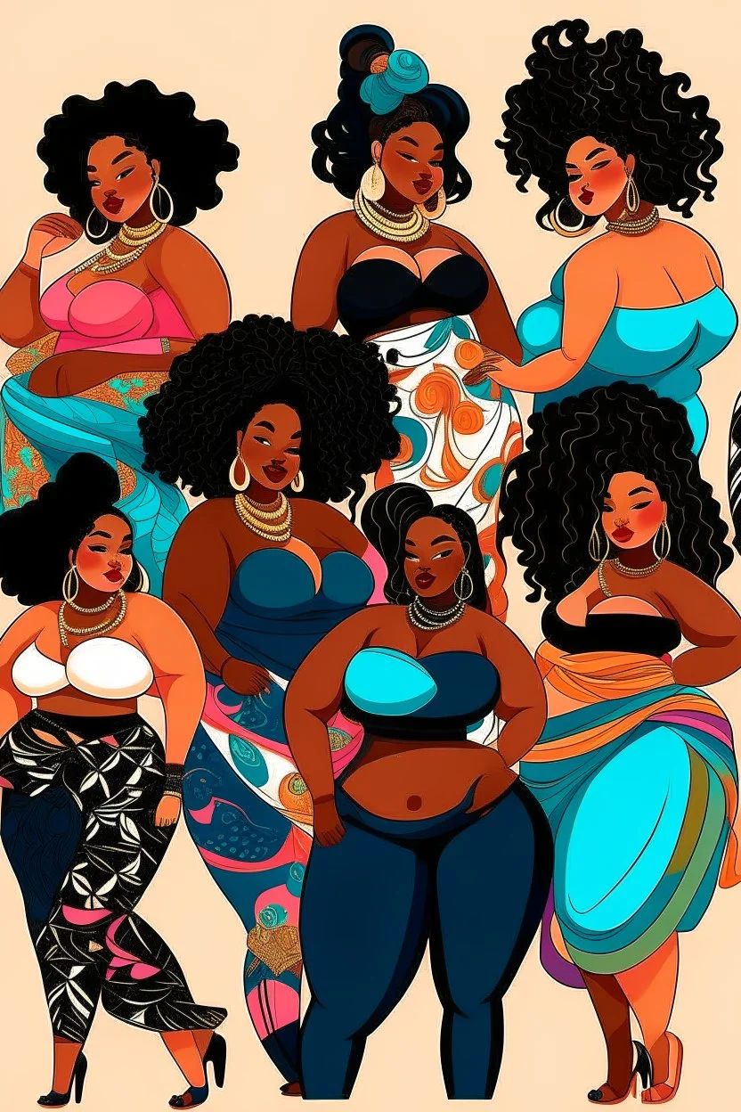 Create a celebration of beauty and confidence with an illustration or image showcasing black curvy women, each adorned with a unique and beautiful hairstyle. Emphasize diversity, style, and individuality. Key Elements: Body Positivity: Emphasize the natural curves and beauty of black women's bodies. Capture a range of body types to promote inclusivity and diversity. Hairstyles: Design a variety of beautiful and stylish hairstyles that reflect individual personalities. Include elements such a