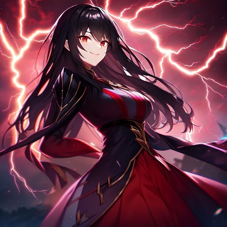 girl, masterpiece, best quality, cinematic lighting, detailed outfit, perfect eyes, black hair, vibrant red eyes, lightning magic, angry, smile, evil look,