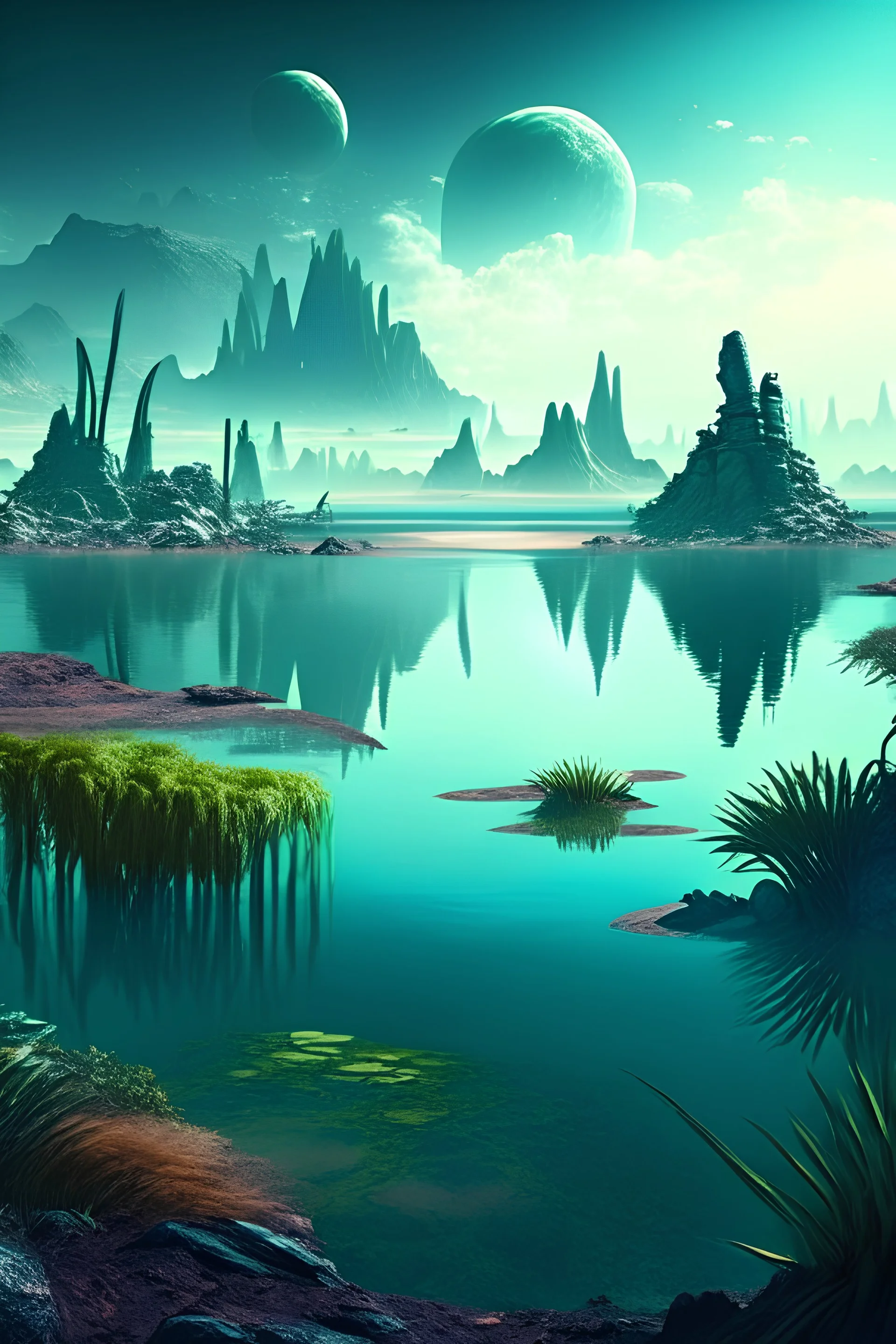 Alien rocky landscape, with lagoon, vegetation, distant city, sci-fi, epic
