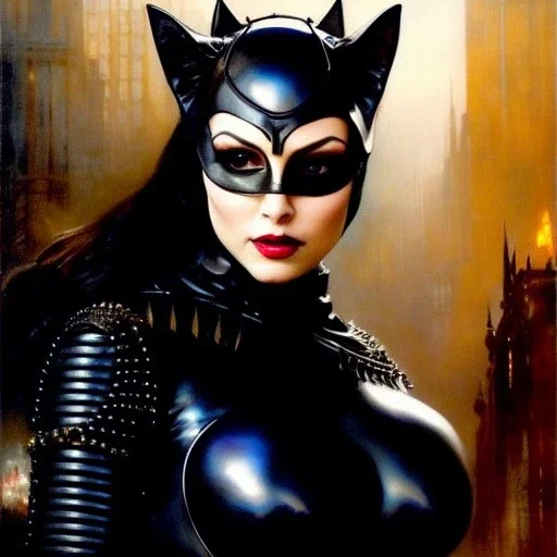 portrait beautiful face CatWoman,busty,ancient metal armor balanciaga fashion clothe painting by gaston bussiere, greg rutkowski, yoji shinkawa, yoshitaka amano, tsutomu nihei, donato giancola, tim hildebrandt, oil on canvas, cinematic composition, extreme detail,fit full head inside picture,16k