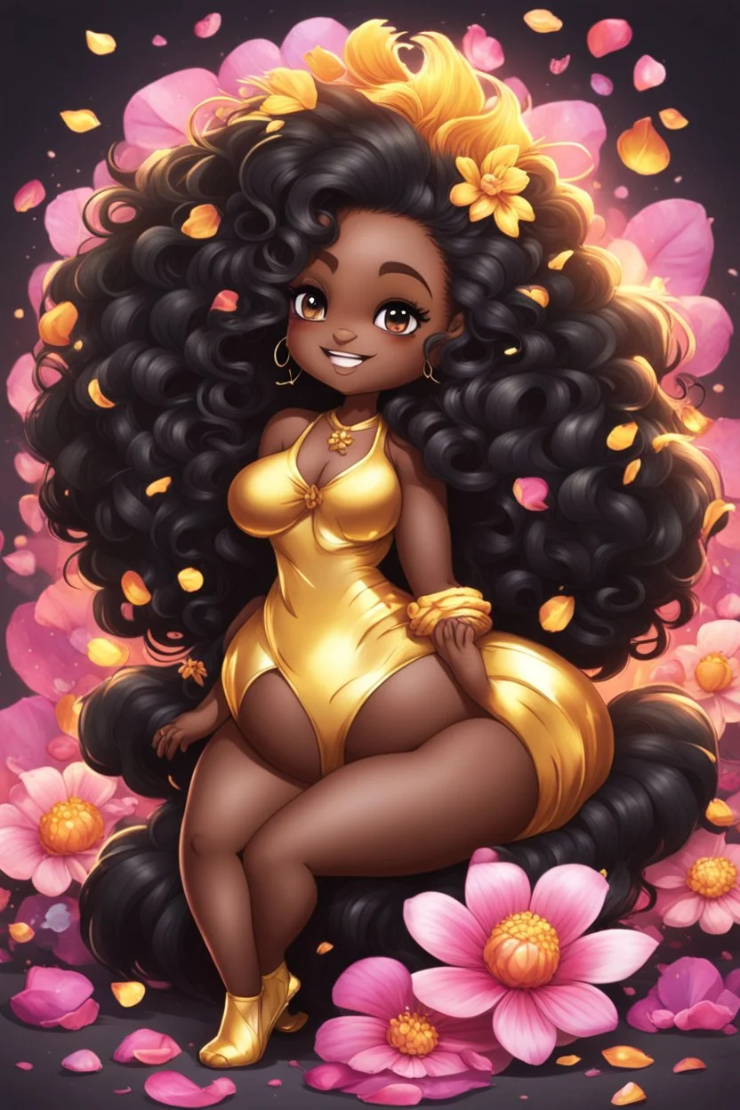 A sassy thick-lined airbrushed cartoon black chibi girl lounging lazily on her side, surrounded by flower petals. She has a golden lion tail curling playfully behind her curvy body. Looking up coyly, she grins widely, showing sharp lion teeth. Her poofy hair forms a mane framing her confident, regal expression.