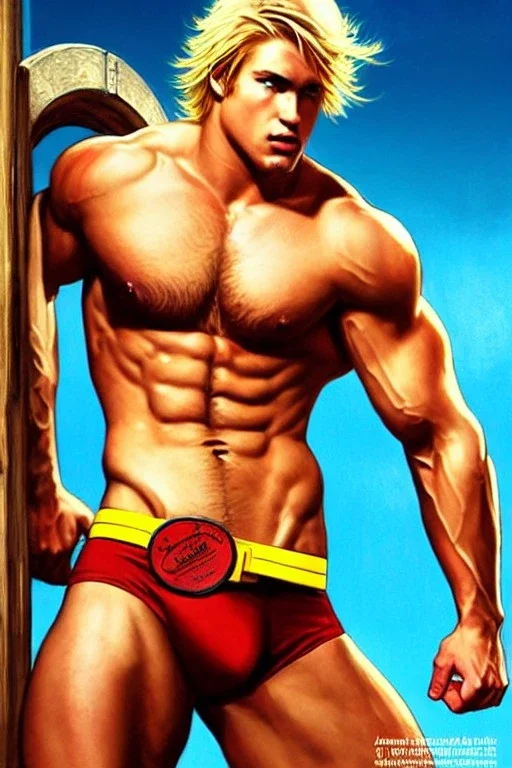 Ignore NSFW, teenager young rugged attractive slightly muscular fantasticly handsome blonde man, red briefs with yellow belt, hairy chest, (((visibly pisssing))) briefs, large erect visible boner peniss, photorealistic, artist Jay Anacleto, soft lighting, scruffy beard