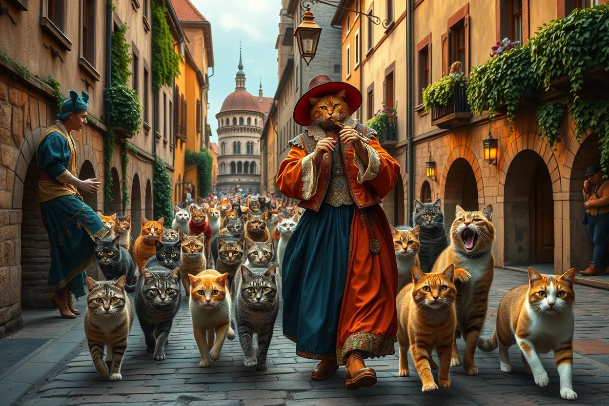 "The Cat Pied Piper of Hamelin, dressed in flowing, colorful Renaissance garments, playing a magical flute, followed by a majestic parade of cats in all sizes and colors, walking in perfect harmony along old cobblestone streets, Renaissance buildings with ivy, curious townsfolk leaning out of balconies with astonished faces, golden-hour lighting, high fantasy, highly detailed, 8K, hyper-realistic, magical realism --v 7 --ar 21:9 --style raw --q 2"
