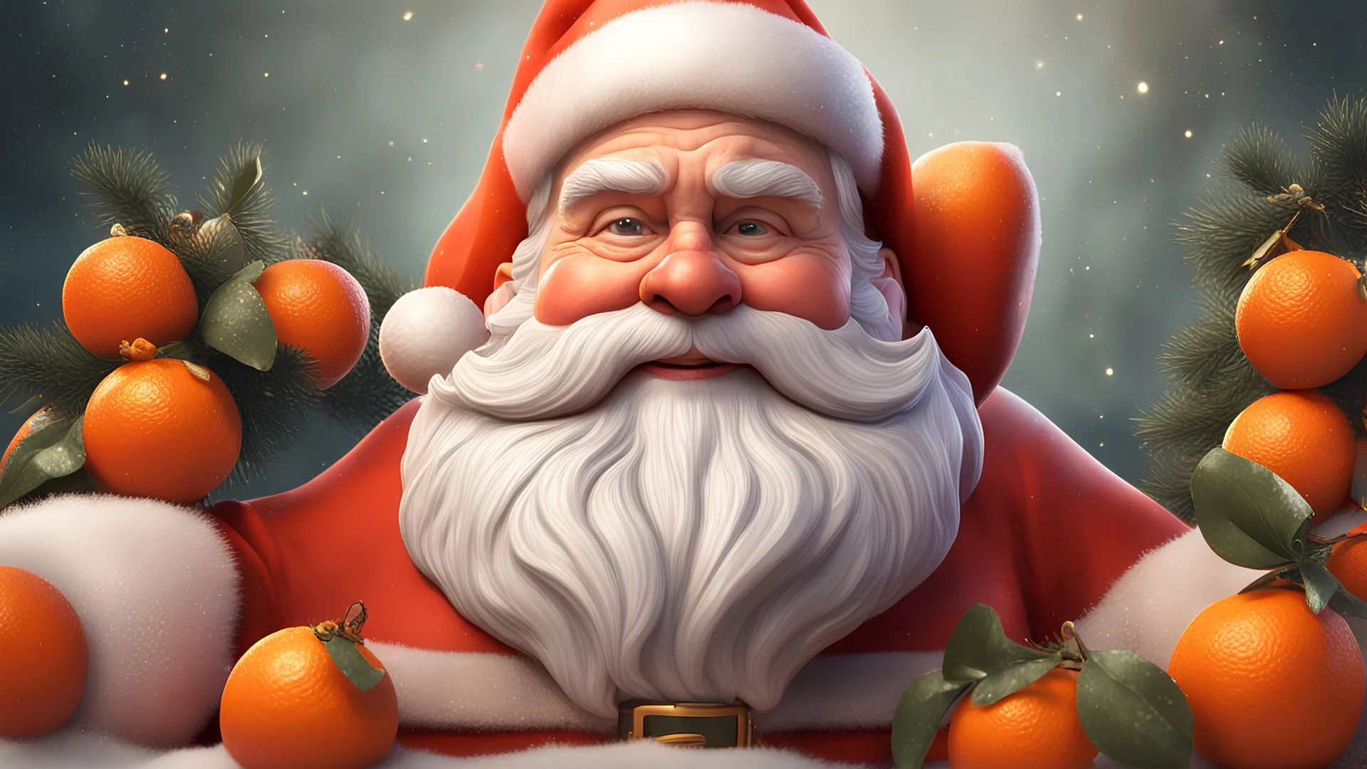 3D illustration of Santa Claus on and a background with tangerines, illustration, smooth 3d digital art, exquisite thee-dimensional rendering, 4K, blender, c4d, octane render , disney style 3d light, Zbrush sculpt, concept art, Zbrush high detail, pinterest Creature Zbrush HD sculpt, neutral lighting, 8k detail