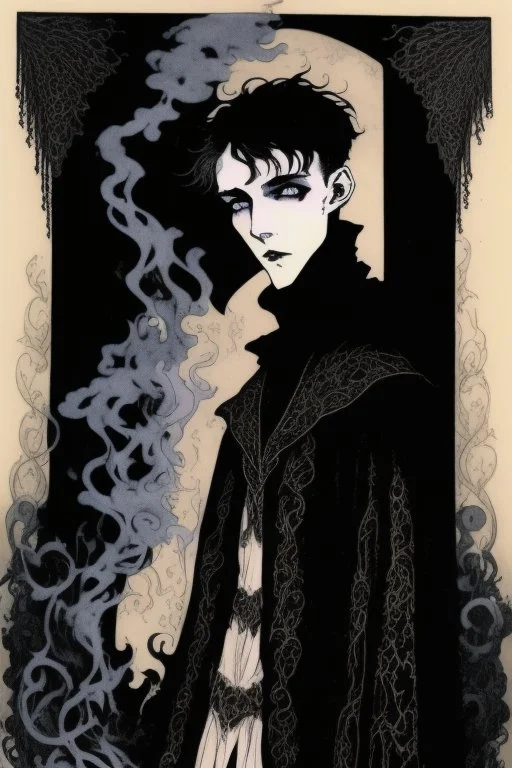 17 year old boy, necromancer, friendly, looks dead, surrounded by weird smoke with eyes, wearing black robes, in the style of Harry Clarke