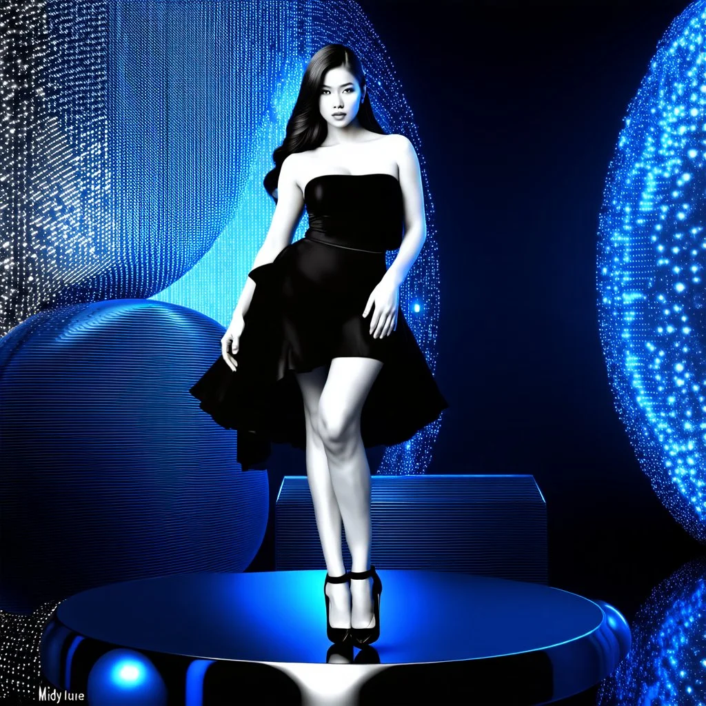 a beautiful black and white art picture of fashion model lady posing with cute and with high heels,midy skirt, pretty stage made of metallic blue-gray teme 3d recursive cubic and sphere base structures and the scene is in color,makeup curvy long hair.