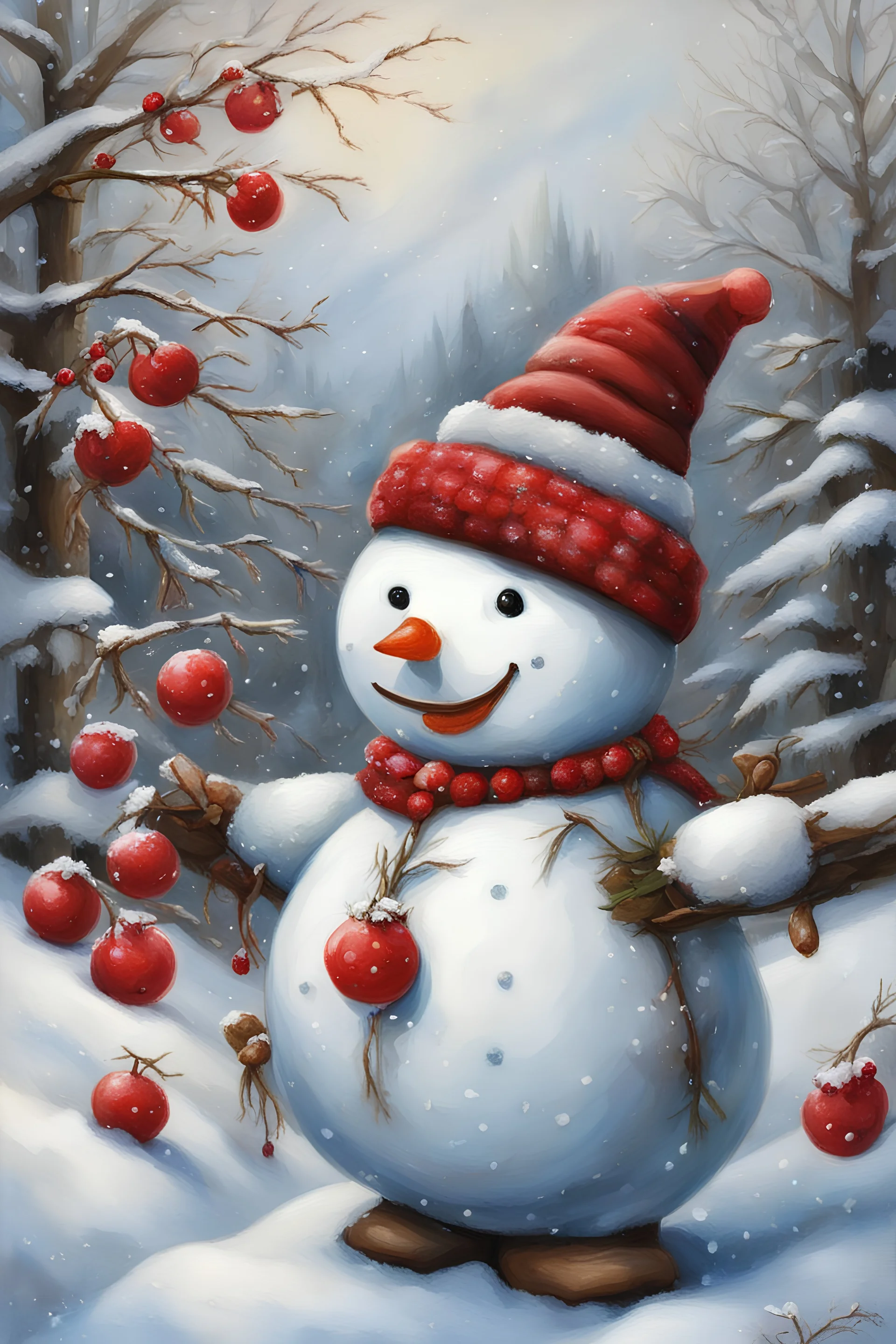 a painting of a snowman wearing a red hat and scarf, with red berries and icicles, snow landscape background, snowy, by Pamela Ascherson, by Jane Carpanini, by Terry Redlin, by Nancy Carline, by Sally Haley, traditional folk art style, festive, snowy background, snow scene, with snow covered colourful red, he is greeting you warmly