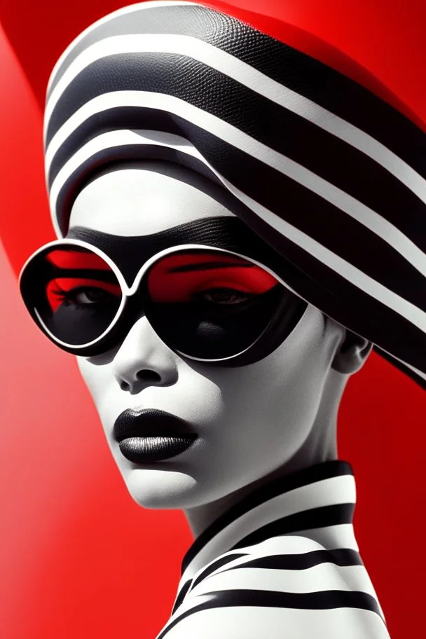 minimalist portrait photography, digital art, opart, woman face painted red, black and white dress, round black sunglasses, black and white swimming cap, side view by Franck Gerard