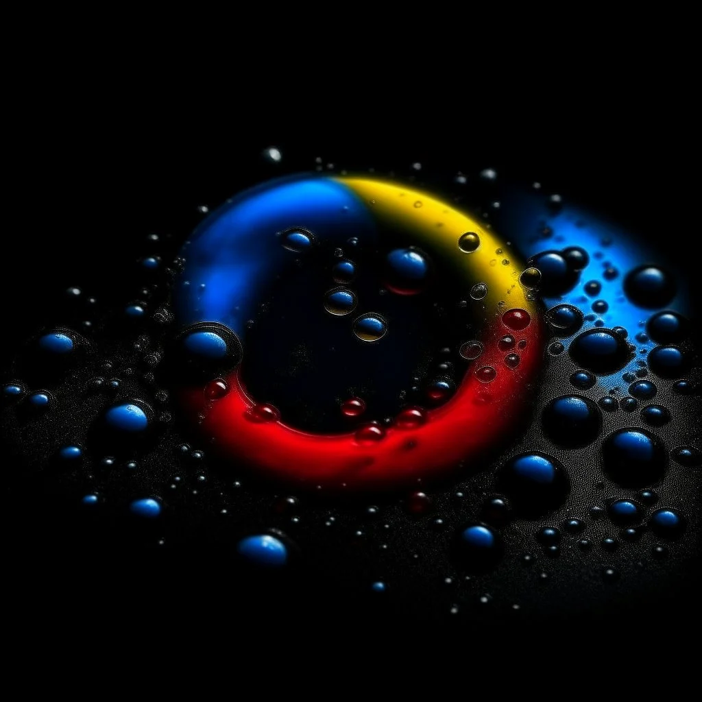 circle of waterdrops, dark romantic atmosphere with blue red and yellow