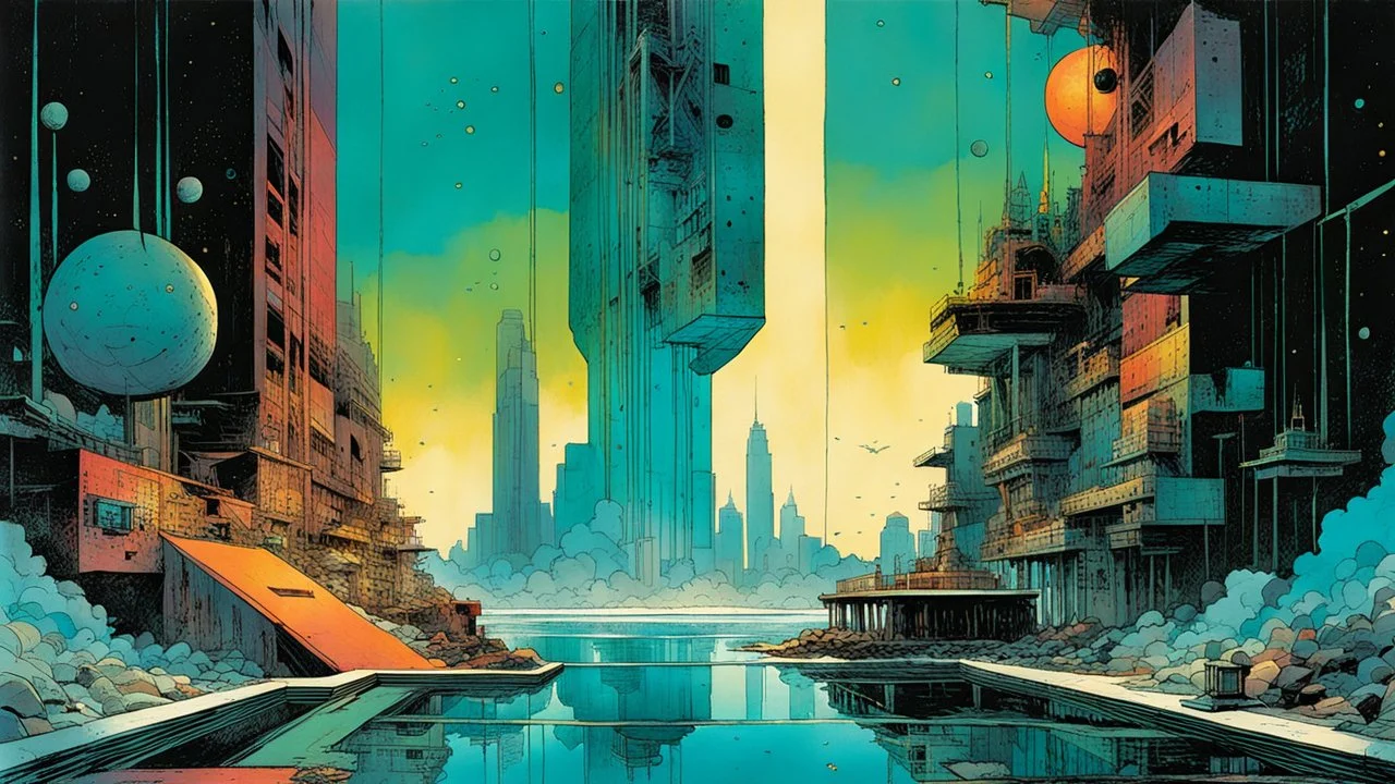 create a wildly abstract and chaotic illustration of an inter-dimensional portal to the highly detailed lost city of Atlantis, utilizing asymmetric structural forms, in the comic book art style of Bill Sienkiewicz, Mike Mignola, and Jean Giraud Moebius, finely textured, drawn, colored, and inked