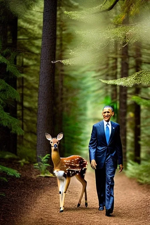 Obama as a mystical forest nymph in the woods raising a baby deer as his own high quality close up