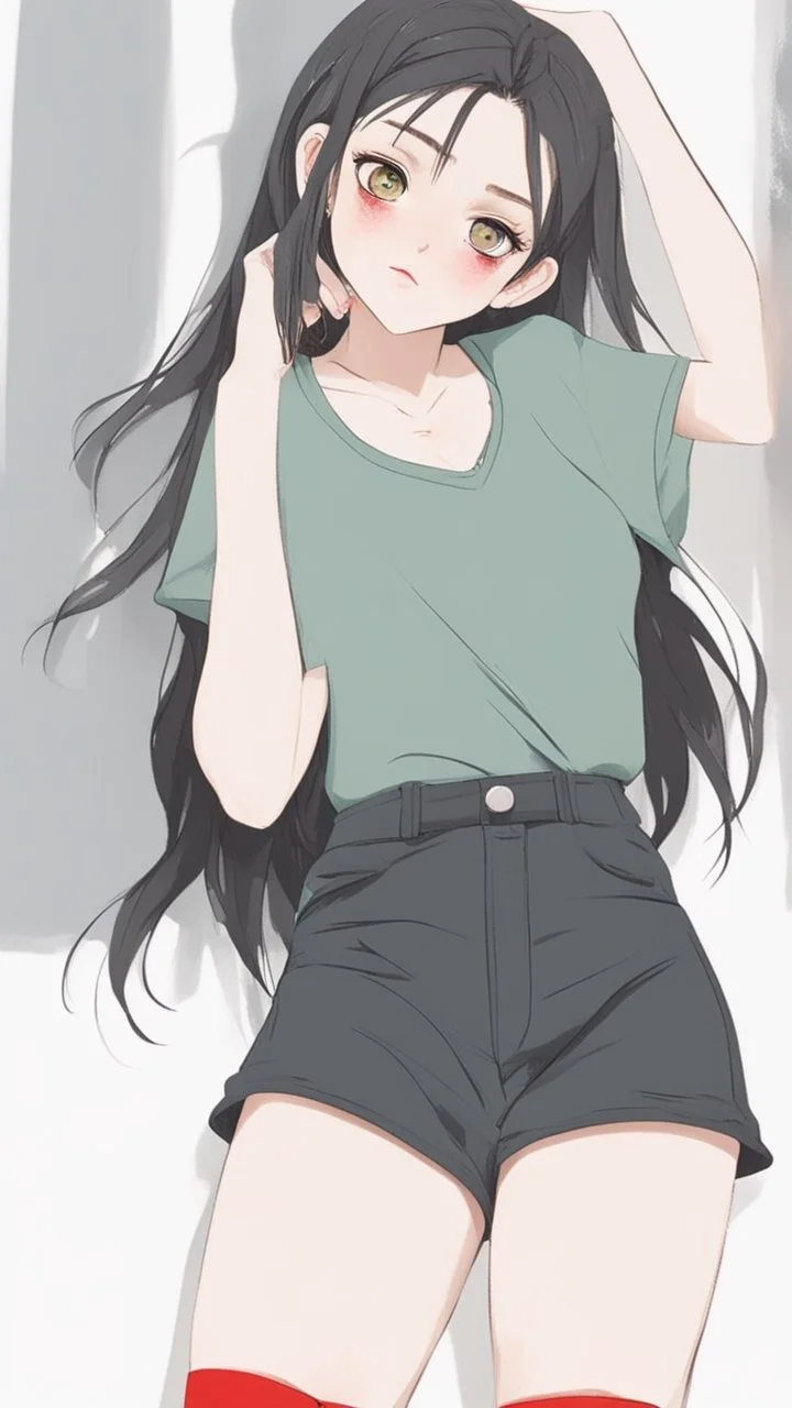 generate a full-length girl with gray-green sad eyes, with dark hair above the shoulders, a round face, not very plump lips, in a black T-shirt with a red print, short shorts, blue socks