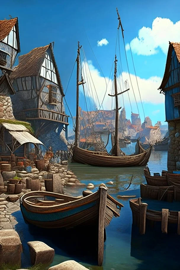 medieval fishing town, rocks, long piers, fishing boats, shops, blue sky