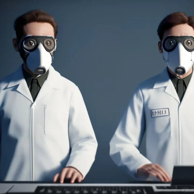 scientists at the computer in military gas masks. the masks are checkered.