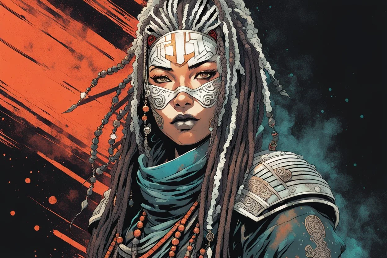 front facing portrait illustration of a grunge armored female , beaded dreadlock hair, cyberpunk vampire mercenary wearing an ancient ornate japanese kitsune mask , and shemagh, highly detailed with gritty post apocalyptic textures, caught in a cosmic maelstrom of swirling gases , finely detailed facial features and hair, in the graphic novel style of Bill Sienkiewicz, and Jean Giraud Moebius, ink wash and watercolor with realistic light and shadow