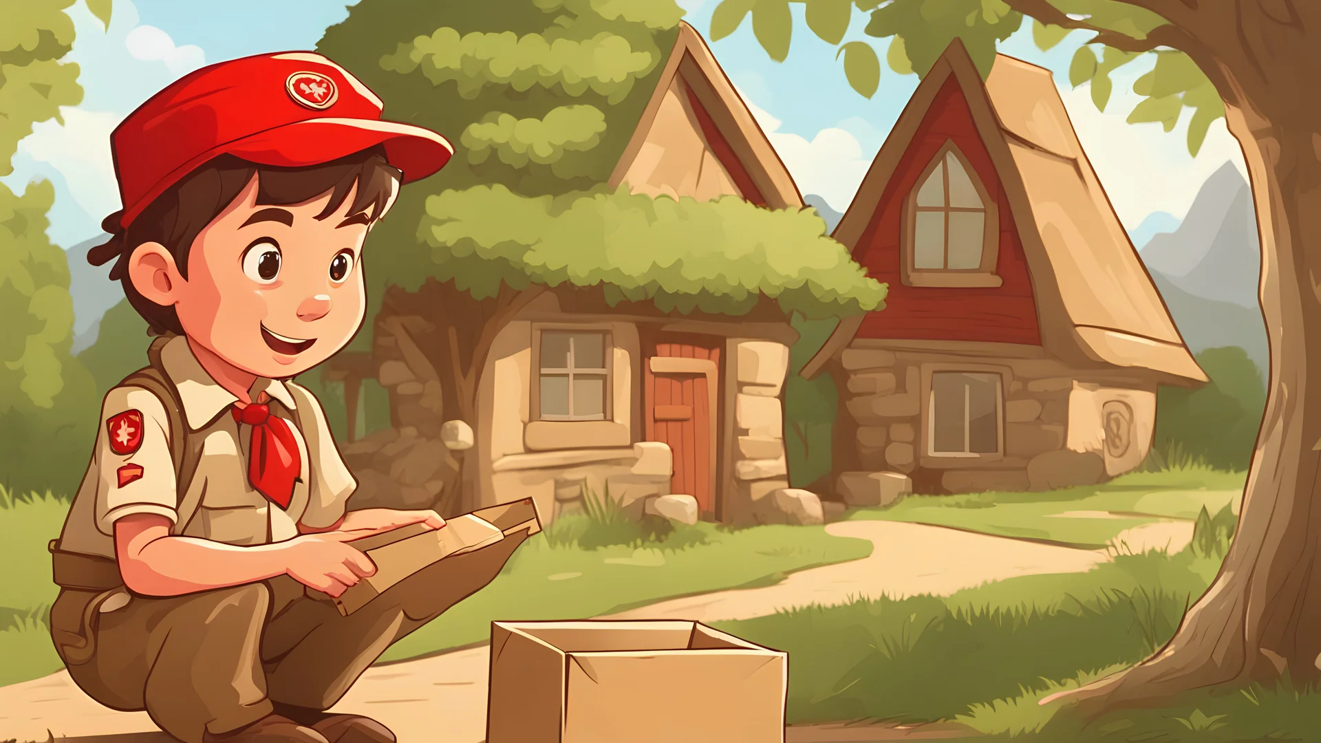 Style, cartoon, Image of a young child scout wearing a red hat, finding the box under the tree in the village garden