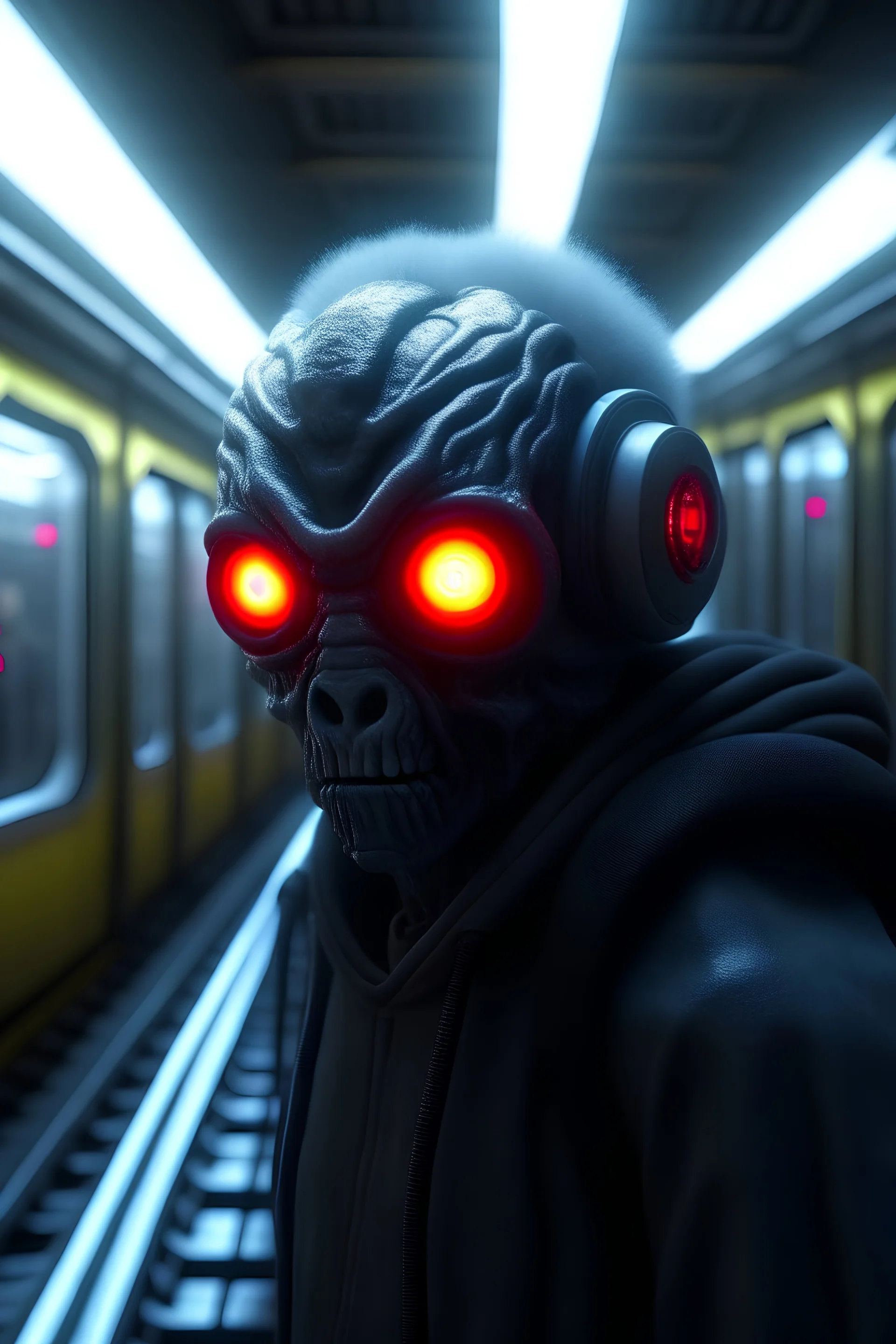 moscow underground, anime, a chat robot that stares at the camera like its the prettiest demon he has ever seen, its such a perfect day, motion blur, smoke, 8k, downlight, soft light, depth of field, photorealism, trending on art station, lotsa detail