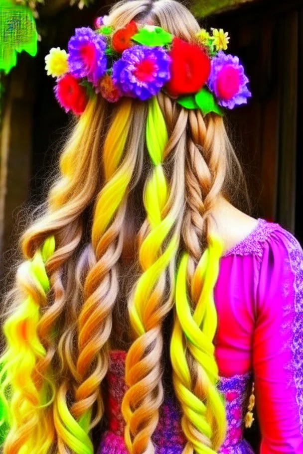 Princess Rapunzel's hair braided and decorated with flowers is beautiful and charming