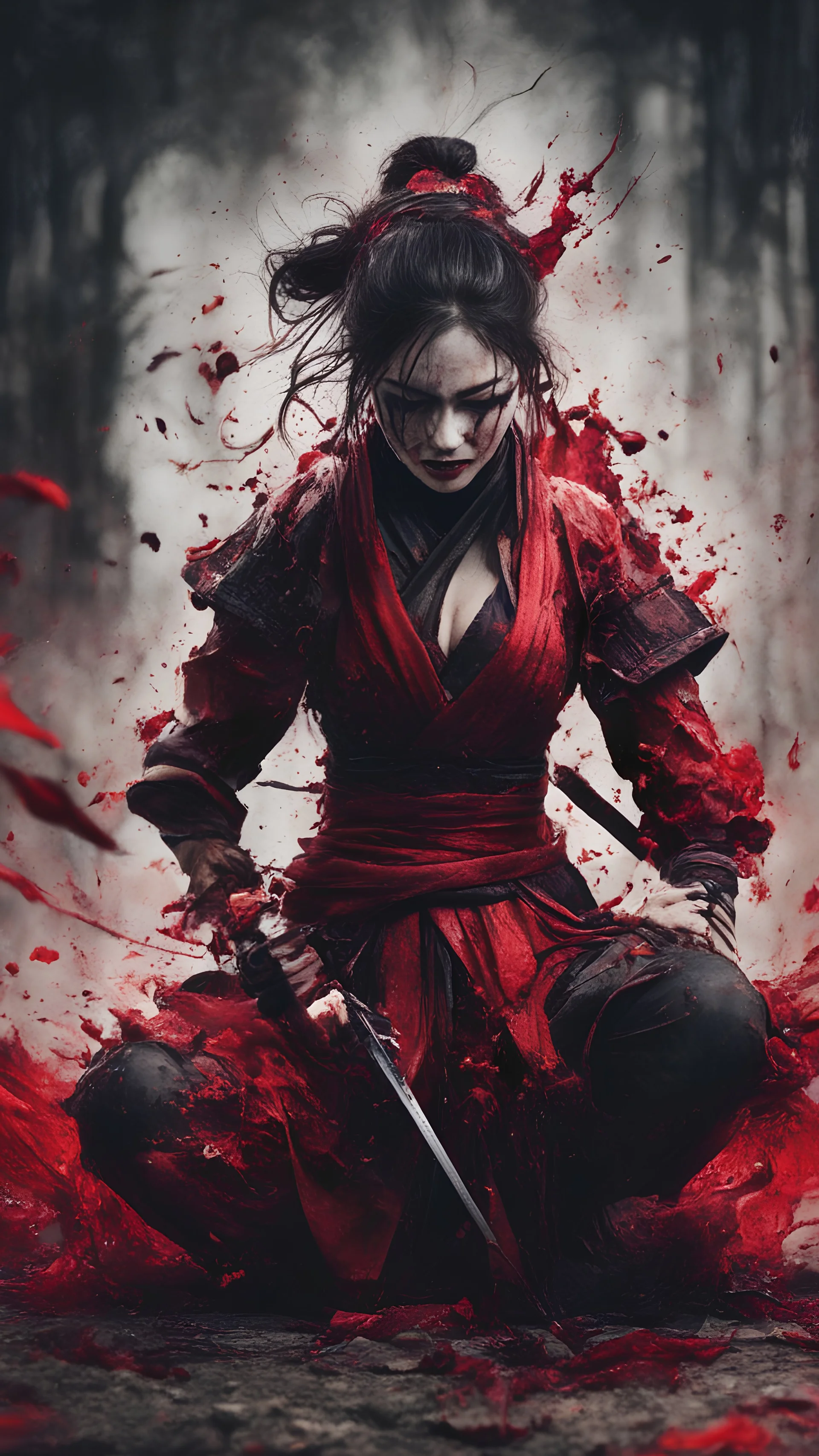 Tall girl samurai, face distorted with pain, screaming, tears streaming from eyes, siting pose, fullbody, splashes blood, behind guts rising from the ground, intricate, darkred tones, macro photography,