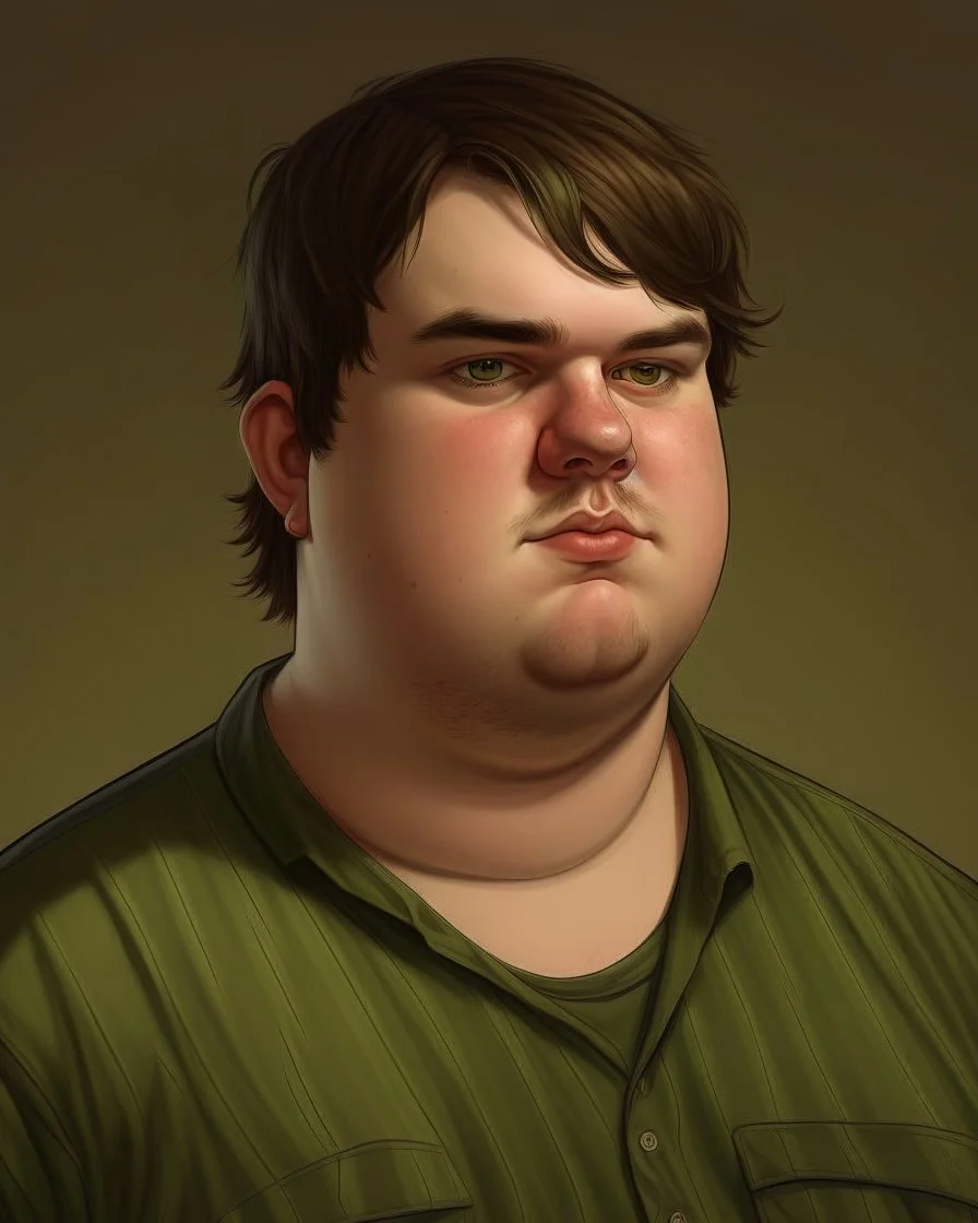 Portrait d'un jeune homme, ultra obèse; cheveux bruns et teint blanc, porte une chemise à carreaux de couleur vert olive. HD portrait, Artstation