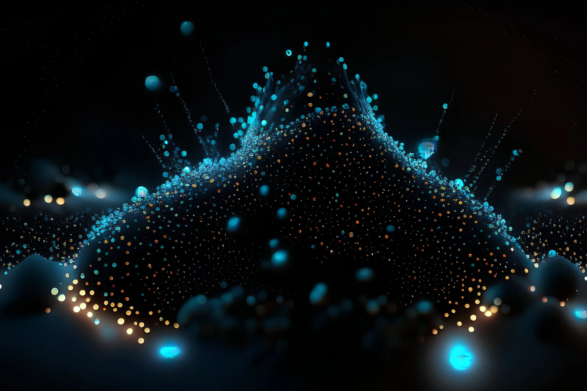 organic composition of luminous points which undulate to create striking visual effects on a black background,, photorealism, hyper detailed, 8k