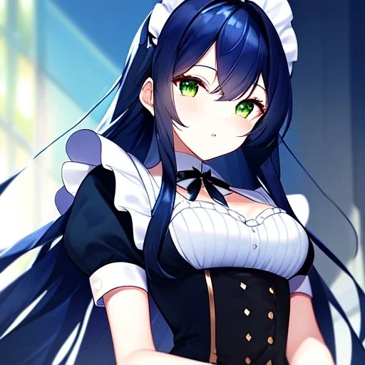 girl, masterpiece, best quality, volumetric lighting, detailed outfit, perfect eyes, dark blue hair, green eyes, long hair, maid,