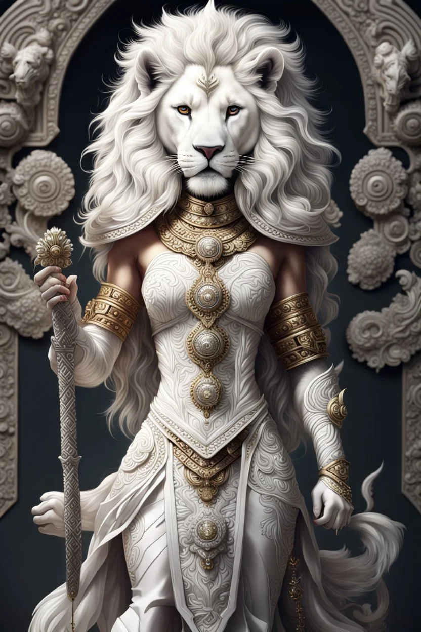 Fhoto full body, reality, Raw, Indonesia culture future, kingdom, queen warrior, white lion, digital art, intricate details, powerful composition, captivating, , trending on artstation, high focus, studio photo, intricate details, highly detailed, by addie_digi