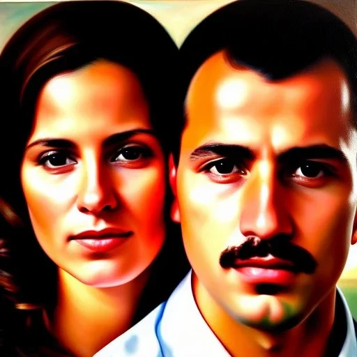 portrait of Jacobo Santiago Mozos born in 1976 and Gemma Arnau Arnau born in 1979, oil on canvas, cinematic composition, extreme detail,8k,fit full head inside picture,