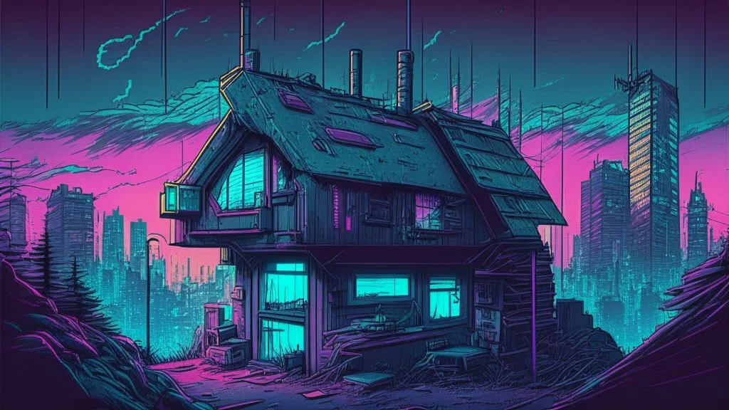 small german Cabin, In cyberpunk city-skyline, comic style, realistic coloring