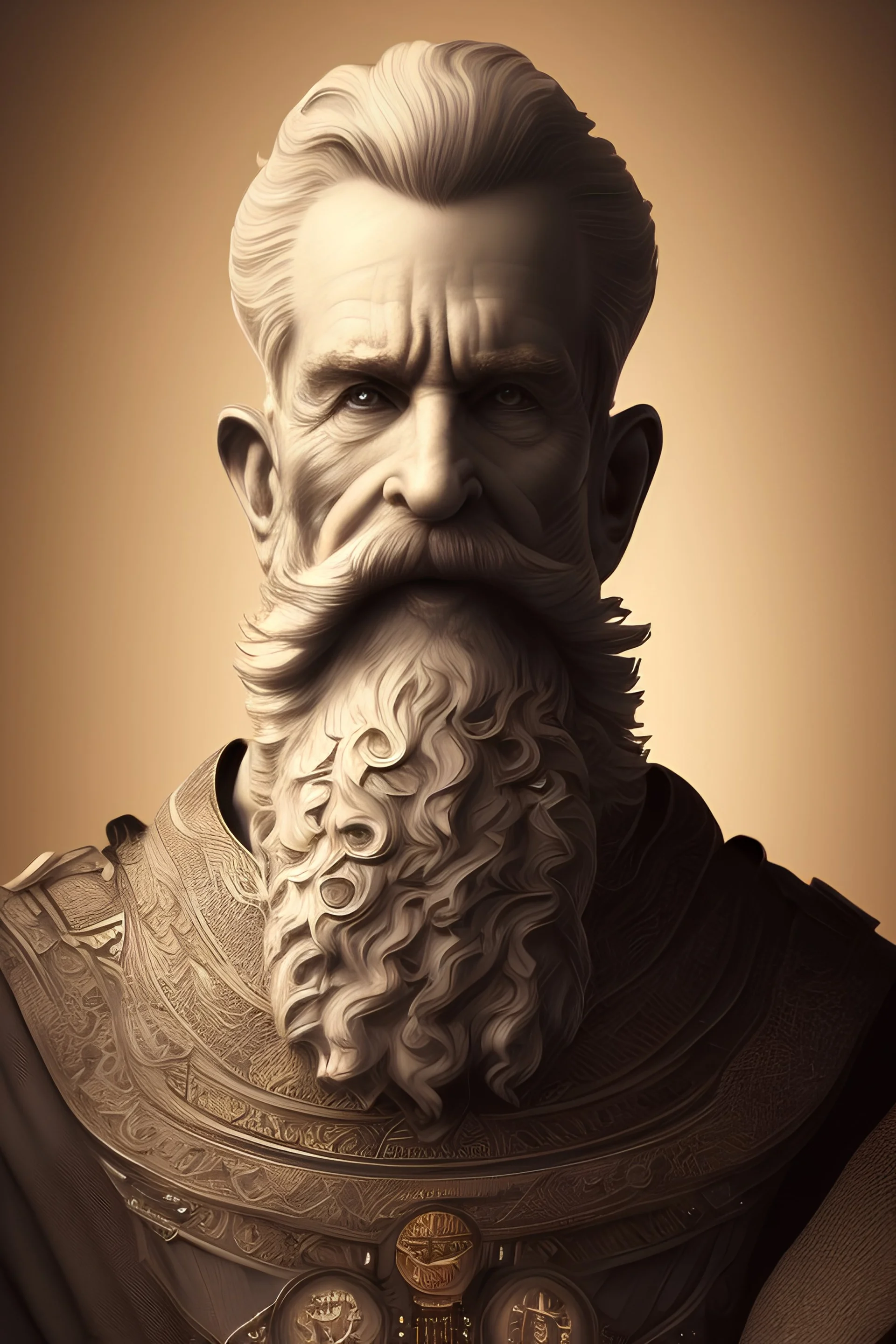 Distinguished figure with sharp, intelligent eyes and a neatly trimmed beard. They wear an elegant robe adorned with symbols of productivity and discipline, and their posture exudes confidence and wisdom.