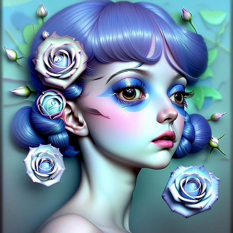 A detailed high quality surreal painting of a delicate, shimmering single blue animorphic rose woman, a small pretty face in its petals, two eyes, pouting lips, delictae nose, background is a blurred black and white hypnotic pattern, very mod, 1960s inspired art, psychedelic, highly detailed conceptual art, mixed media collage, dark fantastical atmosphere, fine lines, dali-esc, beautiful and natural, strange art, optical illusion