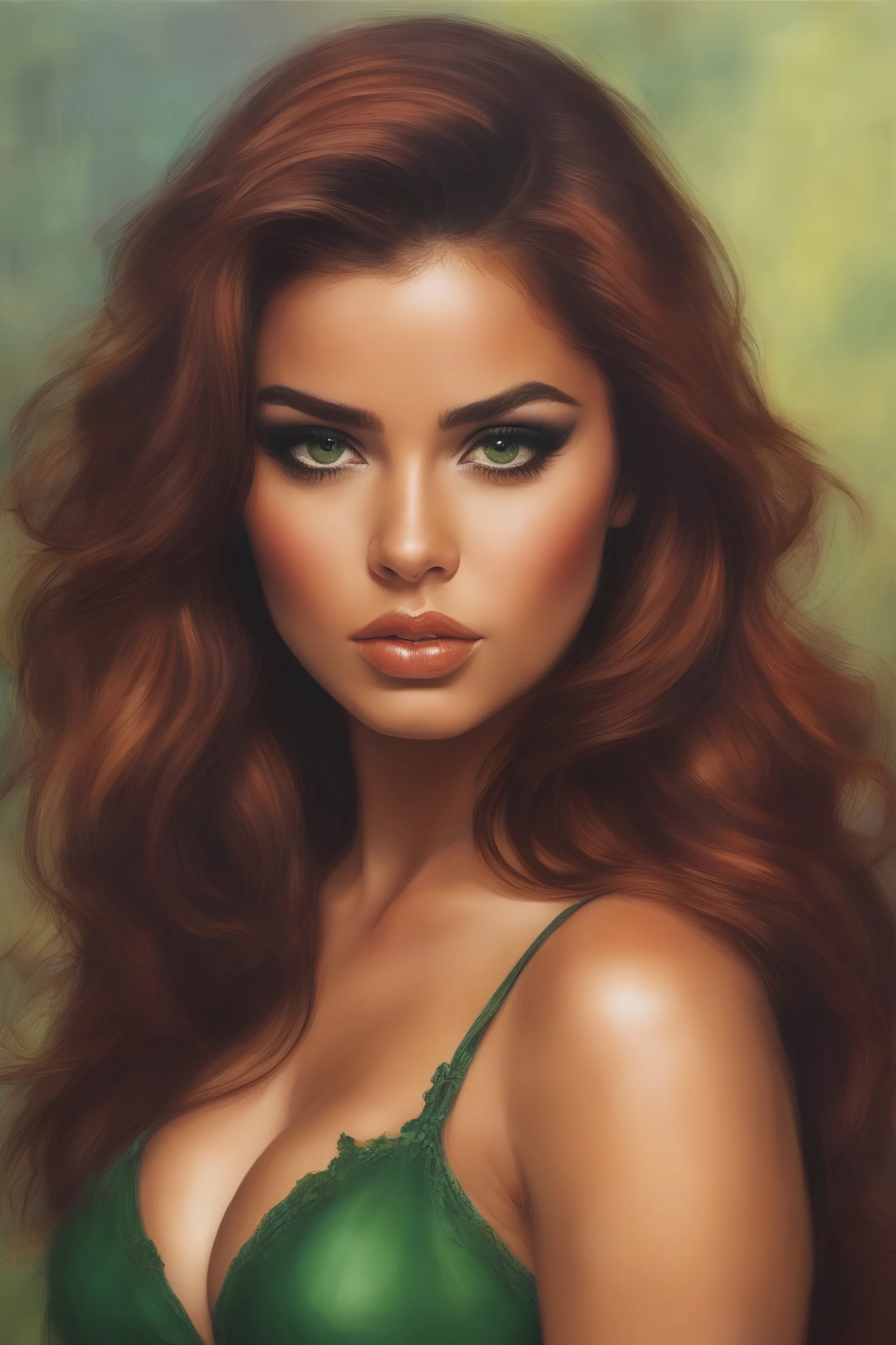 Demi Rose is so beautiful with her auburn hair and green eyes that all I want to do is paint a close-up facial portrait of her in the art style of Frank Frazetta