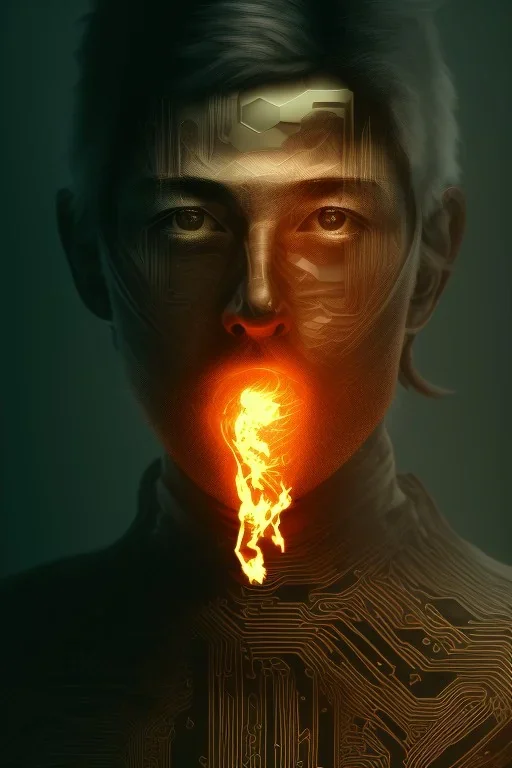 satoshi nakamoto in the bitcoin mining hole, Fire theme art, Dark moody night atmosphere, , 8K, close-up face, anatomically perfect face, oak tree roots, ignore NSFW