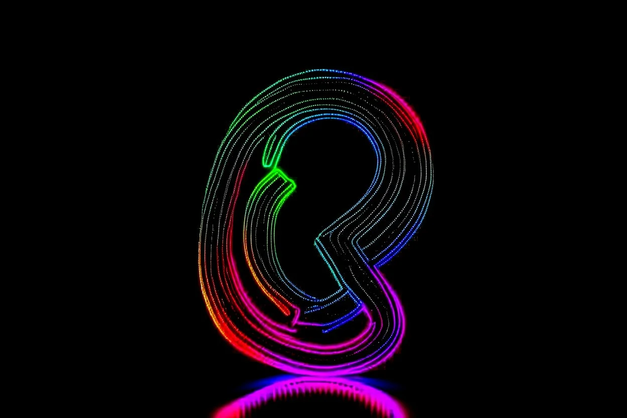 black background, outlines of a holographic question mark drawn from thin neon-coloured glowing lines