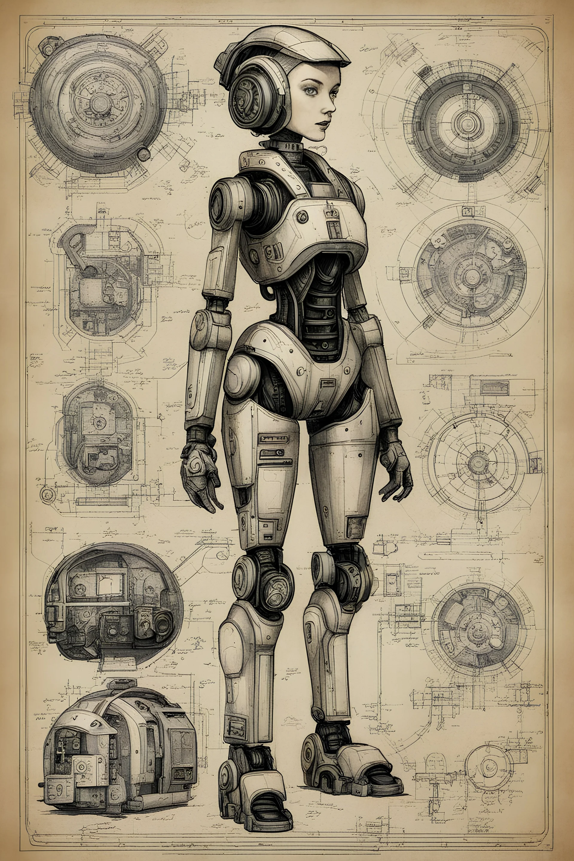 Hand drawn, art by Wayne Reynolds , Daren Bader and Tom Tenery, old paper with detailed schematics of dark dieselpunk cute robotic girl detailed drawings, cross section, concept sheet sketch, 8k