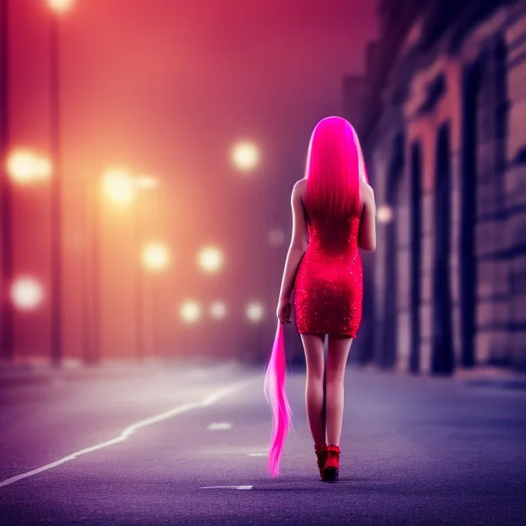 Beautiful lonely girl who walks along a street without people at dawn. You see her from behind. She wears a very short red dress. She has long pink hair with glowing crystals. Full body, 8k resolution concept art. Professional Photo HD. Stylish. Warm vivid colors. Panoramic