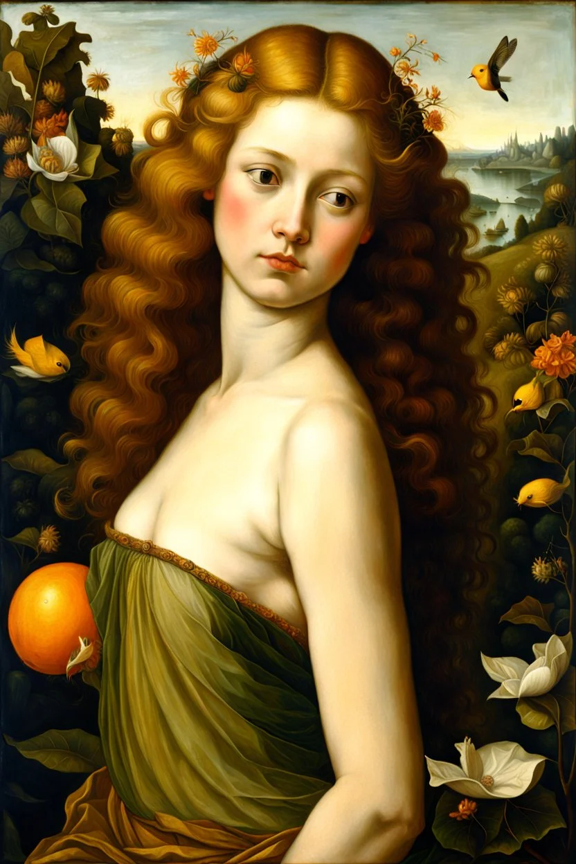 a Flemish Renaissance era full body oil painting of a young, otherworldly, seductive, water nymph , highly detailed hair and facial features, in the style of Pieter Brueghel, Jan van Eyck, and Hieronymus Bosch, aged canvas, antique craquelure finish, archaic museum quality masterpiece, 4k