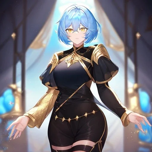 Clear focus, High resolution, short light blue fluffy hair, hair between eyes, yellow eyes, wearing black magma shorts, detailed outfit, blue and black outfit, gold accessory, female