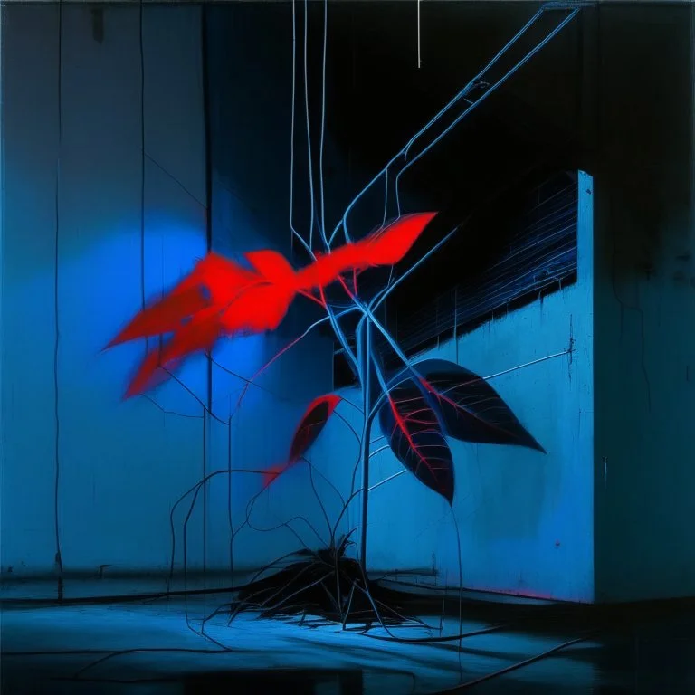 Minimal abstract oil painting of a neon large blue leaf plant in concrete warehouse brutalist architecture and hanging wires illuminated at night. With triadic red colours. In the style of Justin Mortimer and Phil Hale, Ashley Wood