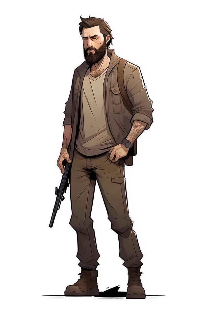man, beard, brown hair, illustration, looking serious, full body, standing, mean,, looking sideways, holding a riffle