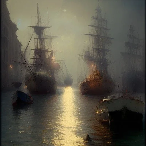 trieste, harbour by Jeremy mann, point perspective,intricate detail, Jean Baptiste Monge